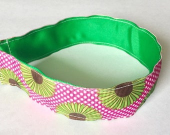 Preppy REVERSIBLE Girl Headband Hairband Green Flowers Pink Polka Dots Daisies Grosgrain Ribbon Birthday gift Party favor Stocking Stuffer