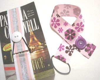 Ribbon Bookmark Cute Button- Pink Purple Flowers- Teacher Gift- Bridesmaid Gift, party favor, bible study, book club gift, Student, Reading