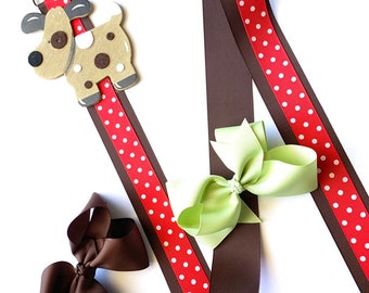 Cute Dog Puppy Hairbow Holder Holds Hairbows Grosgrain Ribbon Hairbow Organizer Bow Hanger Hair Bow Clip Storage Red Brown Polka Dots