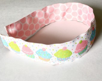Adrette REVERSIBLE Mädchen Stirnband Haarband rosa Polka Dots blau grün Cupcakes Grosgrain Ribbon Geburtstagsgeschenk Parteibevorzugung Stocking Stuffer