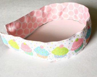 Preppy REVERSIBLE Girl Headband Hairband Pink Polka Dots Blue Green Cupcakes Grosgrain Ribbon Birthday gift Party favor Stocking Stuffer