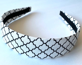 Fabric Covered Headbands Black White Quatrefoil Print Girls Headband Adult Headband Cute Headband Preppy Boutique Birthday Gift