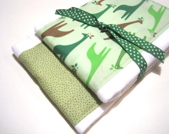 Babies Burp Cloth Set- Burp Rags-Cute Green Giraffe Giraffes Polka Dots Gender Neutral Baby Shower Gift Feeding Nursing Cloths, Matching Bib