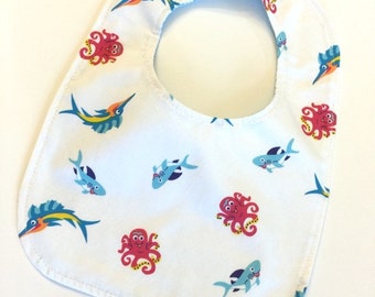 Nautical Bib Shark Fish- Reversible Infant Toddler Cute Marlin, Octopus Baby Shower Gift, Baby Gift, Feeding, Nursing