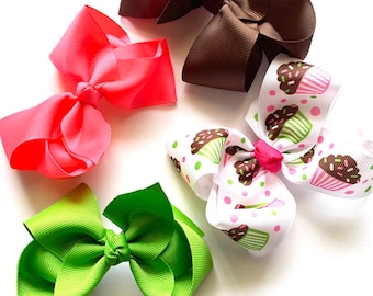 4 Boutique Style Hairbows 4" Hairbow Preppy Brown Hot Pink Green Cupcakes Hair Accessories Birthday Gift Party Favors Grosgrain Ribbon