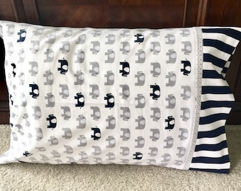 Cute Standard Pillowcase, Birthday Gift Toddler Pillowcase Pillowcases Boys Girls Bedroom Bedding Navy Blue Gray Elephants Stripes