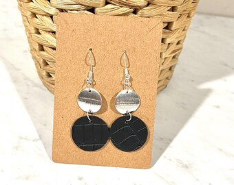 Black Earrings / Handmade Earrings / Cork Earrings / Lightweight Earrings / Leather Earrings / Wood Earrings / Leather Cork /Black Silver