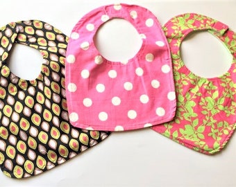 Reversible Infant Baby Girl Bibs Toddler Bibs- Cute Hot Pink Green Flowers Polka Dots Baby Shower Gift Baby Gift Feeding Nursing, Set of 3