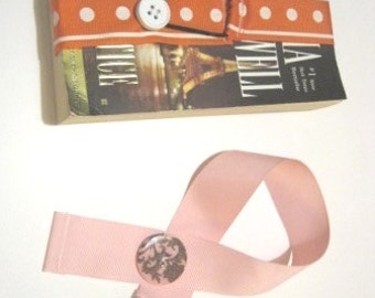 Ribbon Bookmark with Cute Button-Pink Brown- Paperback Book, Bible Study, Book Club Gift, Student Reading, Teacher Mom Gift, Bridesmaid