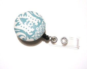 Retractable ID BADGE Reel Holder Name Tag Lanyard Nurse Teacher Gift Teal Blue Damask Floral Cute Badge Reel Nursing School Graduation