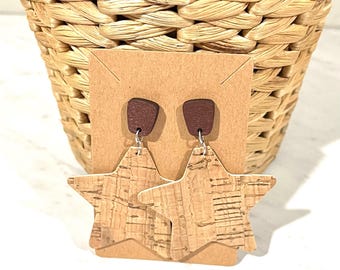 Star Earrings / Handmade Earrings / Cork Earrings / Lightweight Earrings / Leather Earrings / Wood Earrings / Leather Cork / Brown