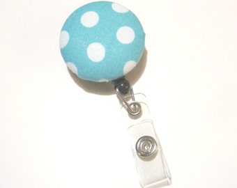 Retractable ID BADGE Reel Holder Name Tag Lanyard Nurse Teacher Gift Turquoise Blue Polka Dots Cute Badge Reel Nursing School Graduation