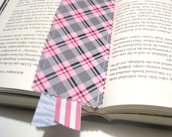 Fabric Reversible Bookmark- Pink Black Plaid- Teacher Gift- Bridesmaid Gift, party favor, bible study, book club gift, Student, Reading