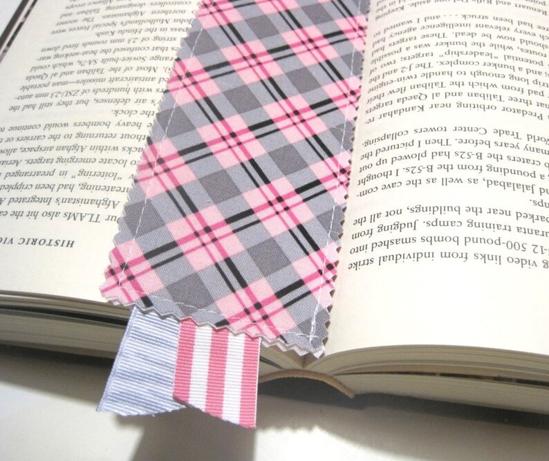 Fabric Reversible Bookmark Pink Black Plaid Teacher Gift image 0