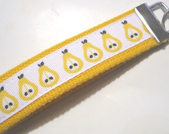 Key Chain, Cute Keychain, Key Fob Wristlet, Lanyard, Zipper Pull- Yellow Pears- Bridesmaid Gift, Teacher Gift, Ribbon Keychain Party Favor