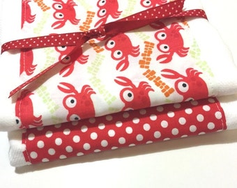 Babies Burp Cloth Set- Burp Rags-Cute Red Crab Crabs Polka Dots, Baby Shower Gift, For Feeding Nursing Cloths, Matching Bib