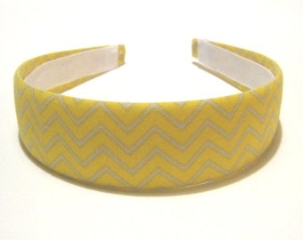 Fabric Covered Headband with Yellow Khaki Tan Chevron Stripes