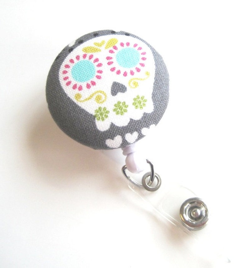 Retractable ID BADGE Reel Holder, Lanyard, Nurse Teacher Gift Cute Badge Holder Name Work Badge Skull Skeleton image 2