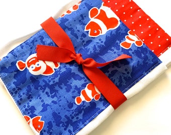 Babies Burp Cloth Set Burp Rags Blue Red Fish Polka Dots Baby Shower Gift Nautical Feeding Nursing Cloths