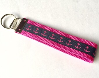 Key Chain, Cute Keychain Key Fob Wristlet Lanyard- Navy Blue Pink Anchors Anchor Bachelorette Bridesmaid Gift Teacher Gift Ribbon Keychain