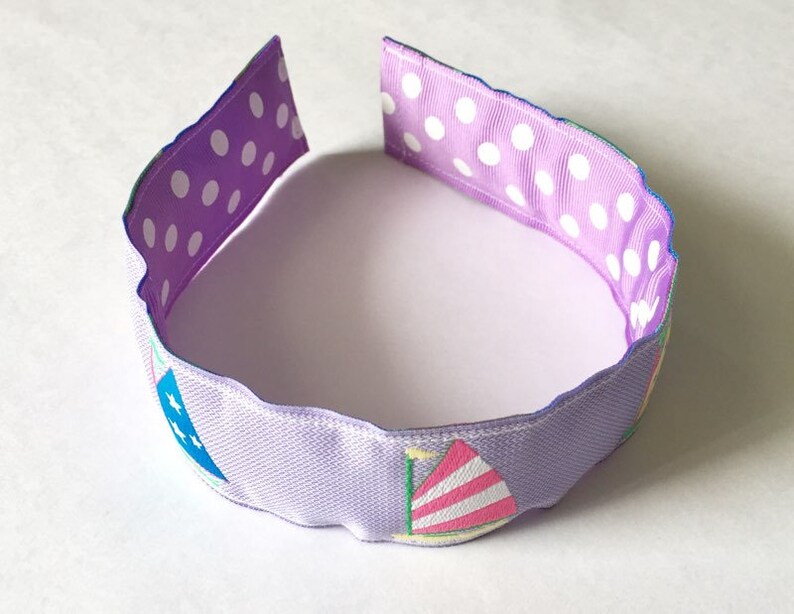 Preppy REVERSIBLE Girl Headband Hairband Purple Polka Dots Sailboats Nautical Grosgrain Ribbon Birthday gift Party favor Stocking Stuffer image 3