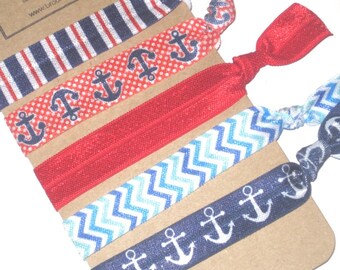 Set of 5 Elastic Hair Ties Bracelets- Nautical, Preppy, Anchors, Red Blue Stripes- Yoga, No Tug, No Crease