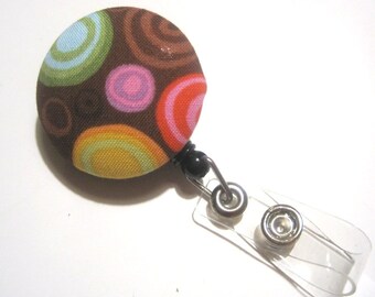 Retractable ID BADGE Reel Holder, Lanyard, Gift - Cute Brown Retro Swirls