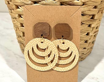 Khaki Tan Earrings / Handmade Earrings / Cork Earrings / Lightweight Earrings / Leather Earrings / Wood Earrings / Leather Cork / Circle