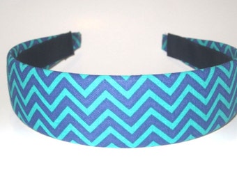 Fabric Covered Headband Turquoise Navy Blue Chevron Stripes Girls Adult Headband Cute Headband Preppy Party Favors