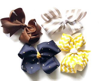 4 Boutique Style Hairbows 4" Hairbow Preppy Navy Blue Polka Dots Gray Stripes Brown Yellow Hair Accessories Birthday Gift Party Favors