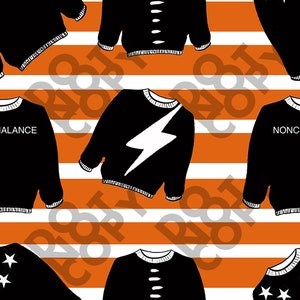 May include: A seamless pattern of black jumpers with white graphic designs on an orange and white striped background. The jumpers feature designs such as a lightning bolt, stars, and a series of dots. The text "BALANCE" and "NONCH" are visible on two of the jumpers.