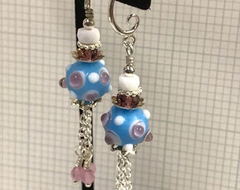 Blue lamp work glass and lavender bead cluster earrings