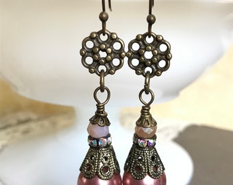 RangeOfNotionStudios pink glass brass dangle drop romantic women’s earrings Victorian dangle earrings pink earrings
