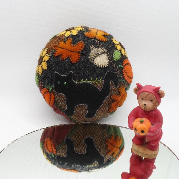 Handmade Black Cat in the Autumn Garden Felted Wool Embroidered Crazy Patch Pincushion