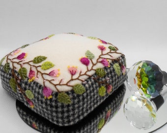 Handmade Felted Wool Appliqued and Embroidered Black Green Pink Pincushion