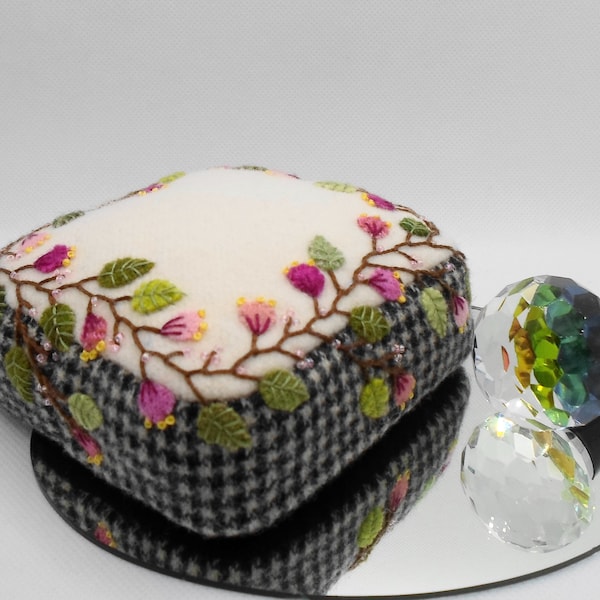 Handmade Felted Wool Appliqued and Embroidered Black Green Pink Pincushion