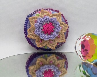 Handmade Mini Pin Cushion Purple  Up-Cycled Felted Wool and Cotton  Embroidered Floral Beaded Pin Cushion