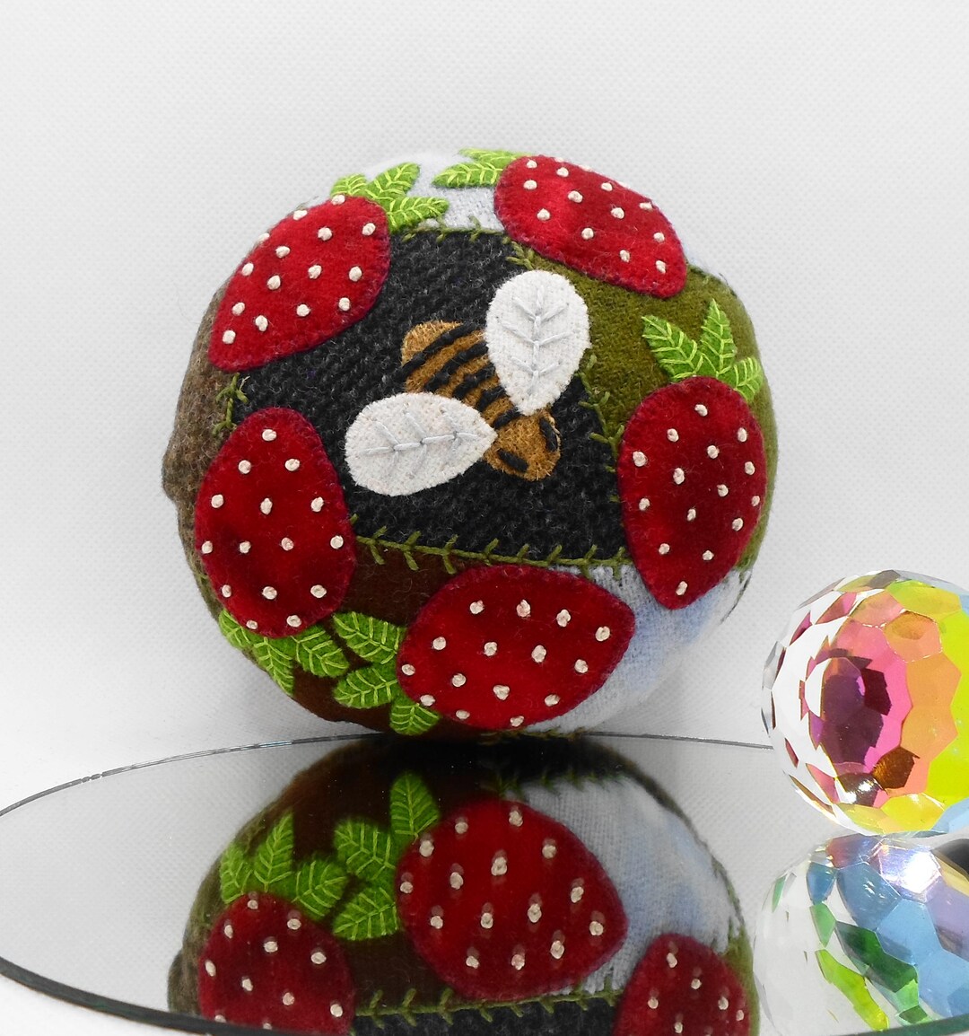 Handmade Felted Wool Bee Among the Strawberries Embroidered Crazy Patch ...