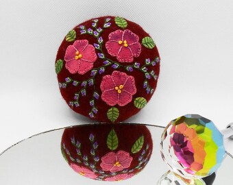 Handmade Felted Wool Dark Pink Wild Roses & Green Leaves on a Dark Red Pincushion