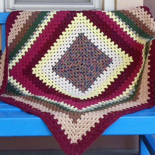 Handmade Baby Blanket/Wheelchair Afghan Crocheted Burgundy & Multi Colored Granny Square