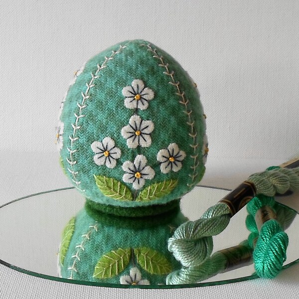 Handmade Victorian Embroidered Egg Pincushion Teal Check Felted Wool Green Leaves & White Flowers Pincushion