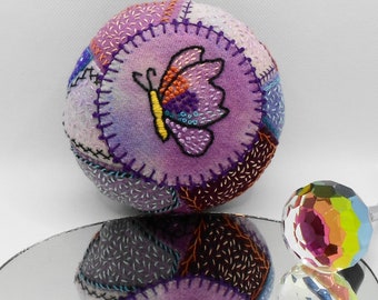 Handmade Crazy Patch Felted Wool Appliqued and Embroidered Butterfly Pincushion