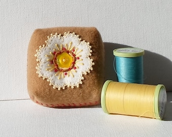 Handmade Pincushion Felted Wool White & Tan Floral Mini Cushion