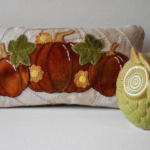 Handmade Pillow Tuck Quilted Linen & Wool Embroidered Pumpkins