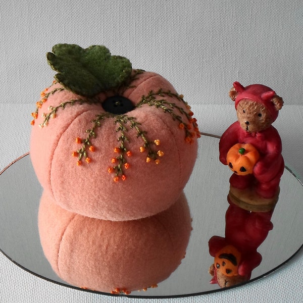Hand Made Felt Autumn Halloween Pale Orange & Green Pumpkin Decoration