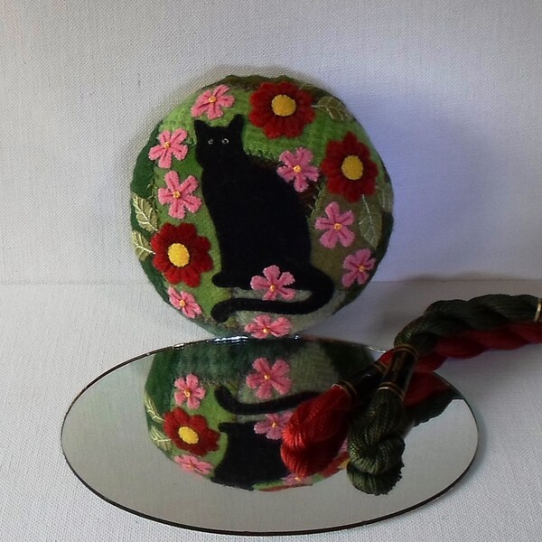 Handmade Felted Wool Black Cat in the Garden Embroidered Crazy Patch Pincushion