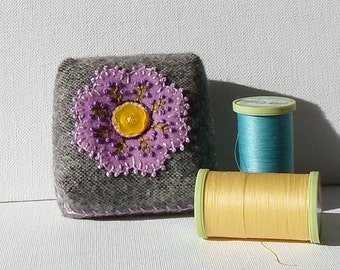 Handmade Pincushion Felted Wool Orchid & Gray Floral Mini Cushion