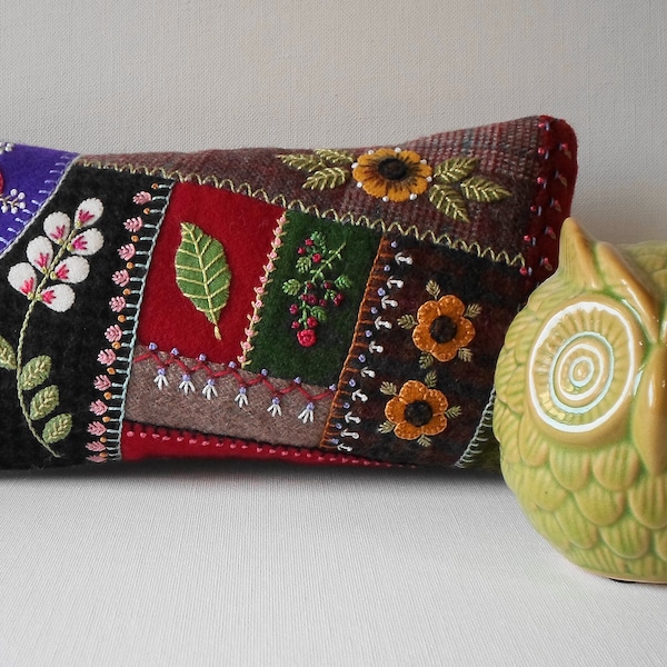 Handmade Pillow Tuck Wool Crazy Patch Pillow with Felted Wool Flowers and  Embroidered Flowers Shelf Sitter
