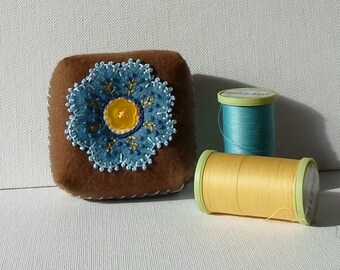 Handmade Pincushion Felted Wool Blue & Brown Floral Mini Cushion