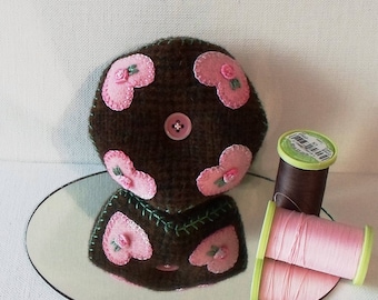 Handmade Baby Biscornu Pincushion Felted Wool Pink Hearts on a Brown Biscornu Pincushion